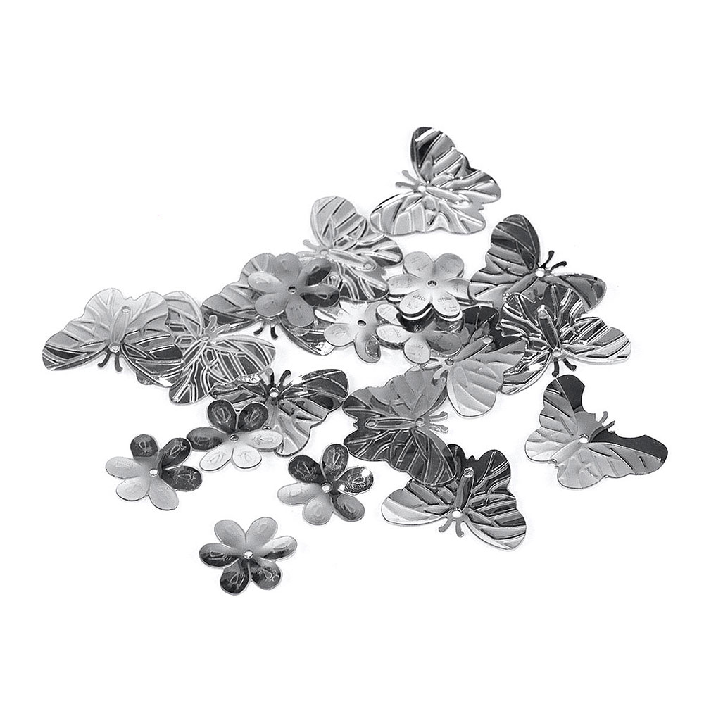 Lentejuelas Mariposas y Flores Plateadas 5, 10 y 20mm. 28gr. 99701