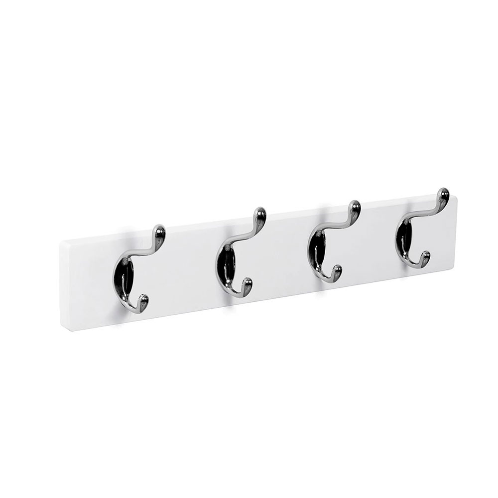 Percha Pared Madera Blanca 4 Ganchos Cromo Brillo