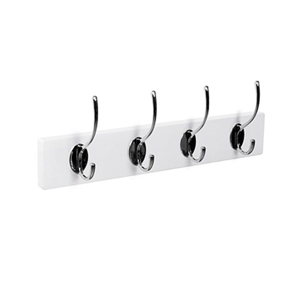 Percha Pared Madera Blanca 4 Ganchos Cromo Brillo