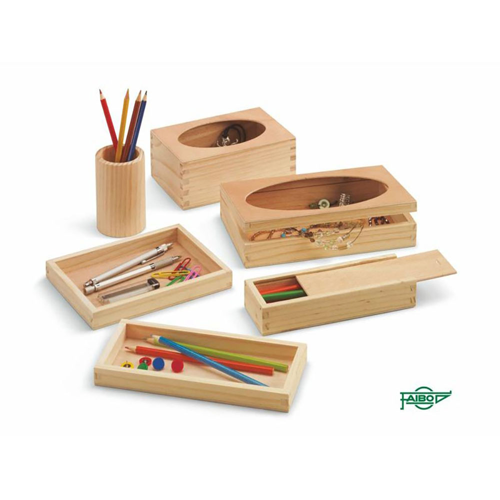 cajas y bandejas de madera para material escolar