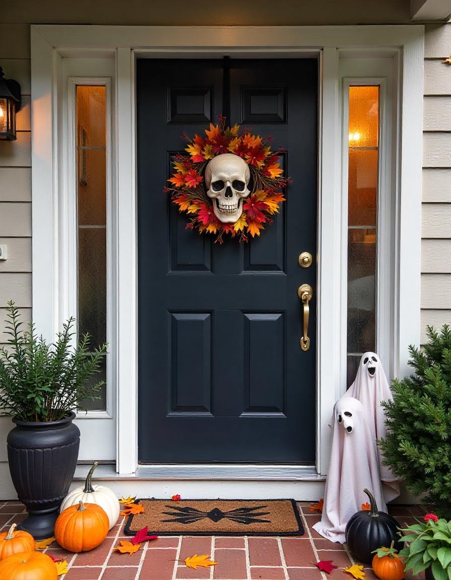 Puerta decorada con calavera para halloween