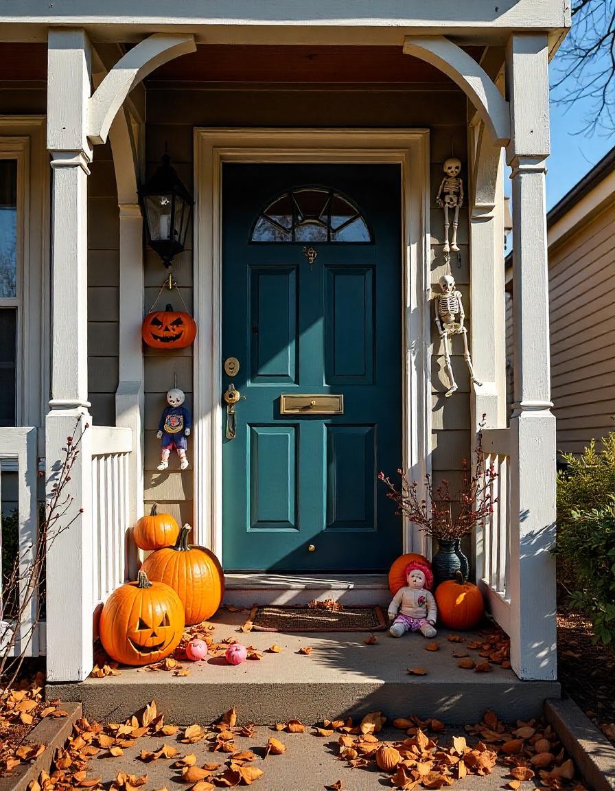 Puerta de halloween decorada con muñecos terroríficos