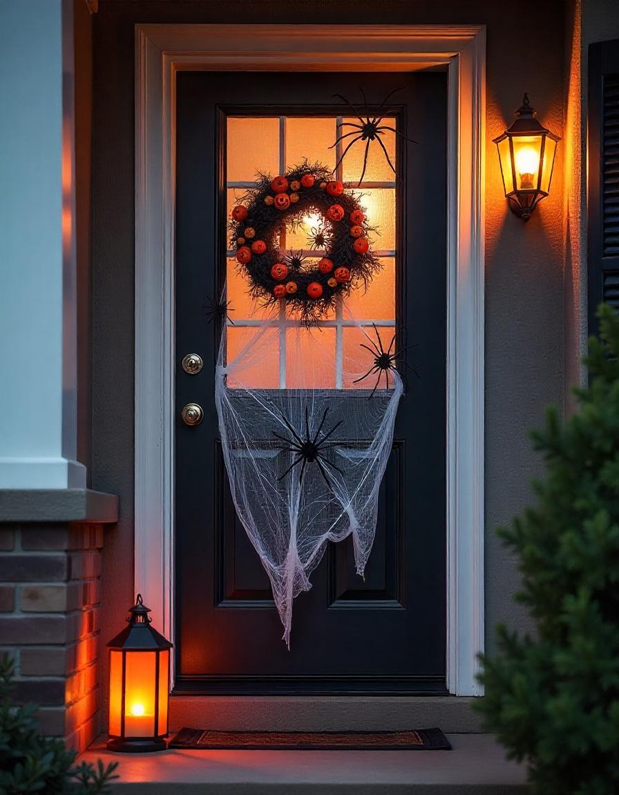 Puerta decorada con telarañas y arañas halloween