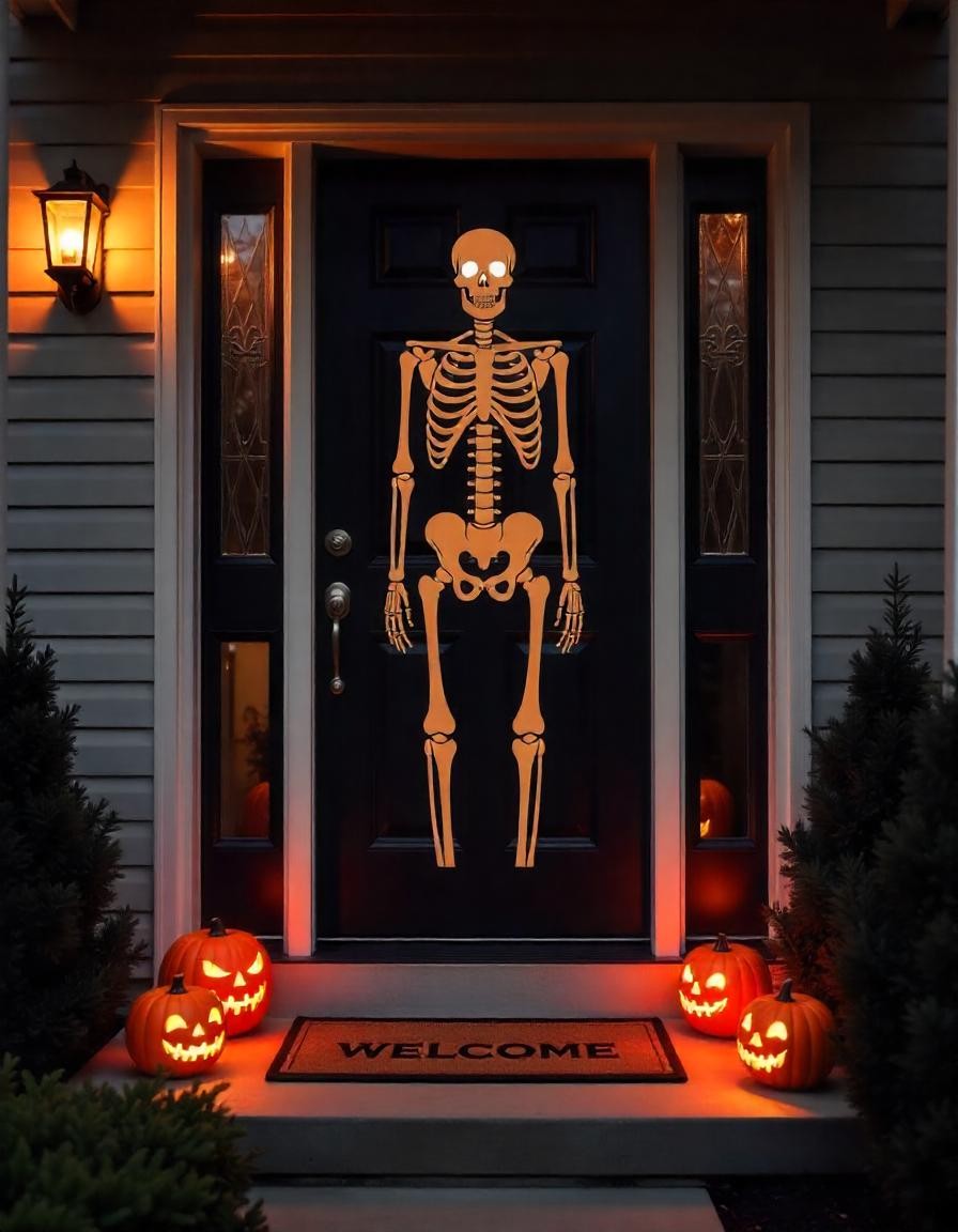 Puerta decorada con esqueleto para halloween