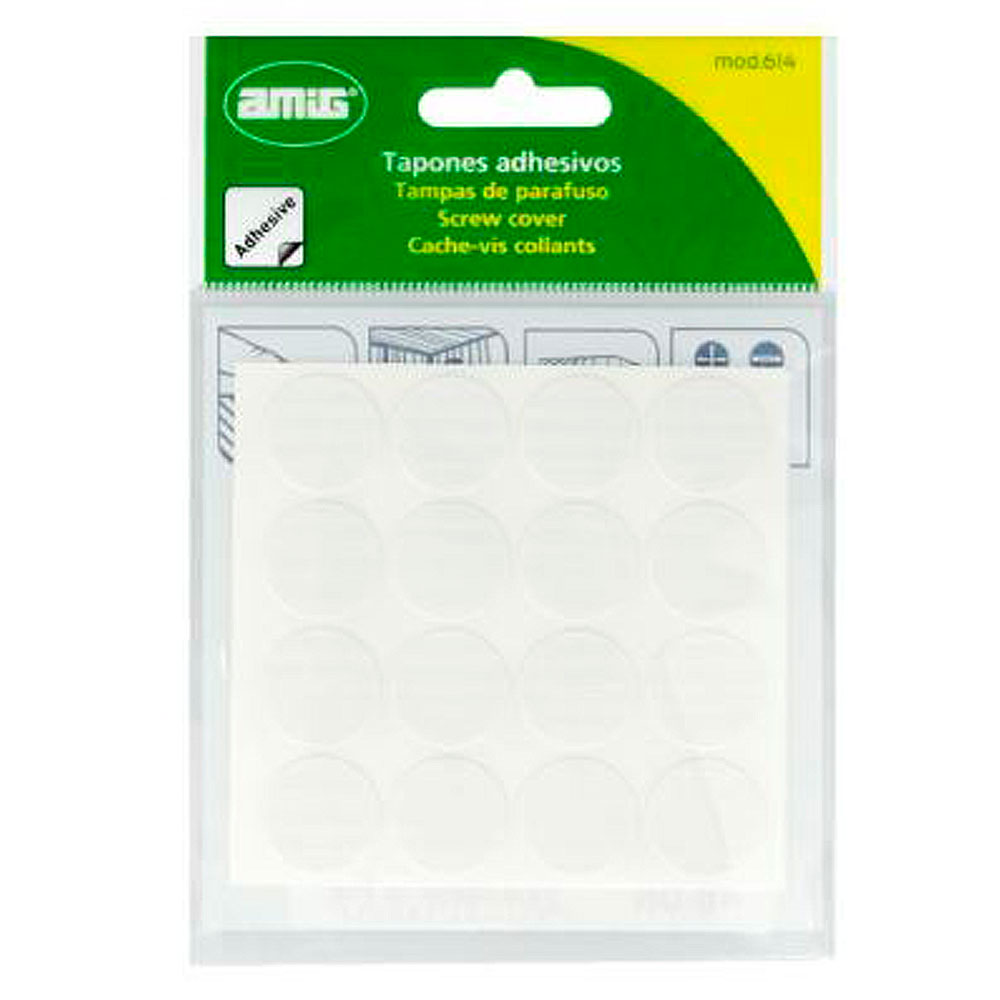 Tapón adhesivo de PVC para tapar la cabeza de los tornillos y tirafondos.  Blanco. Diam. 18mm. (48u.) - Mod. 614
