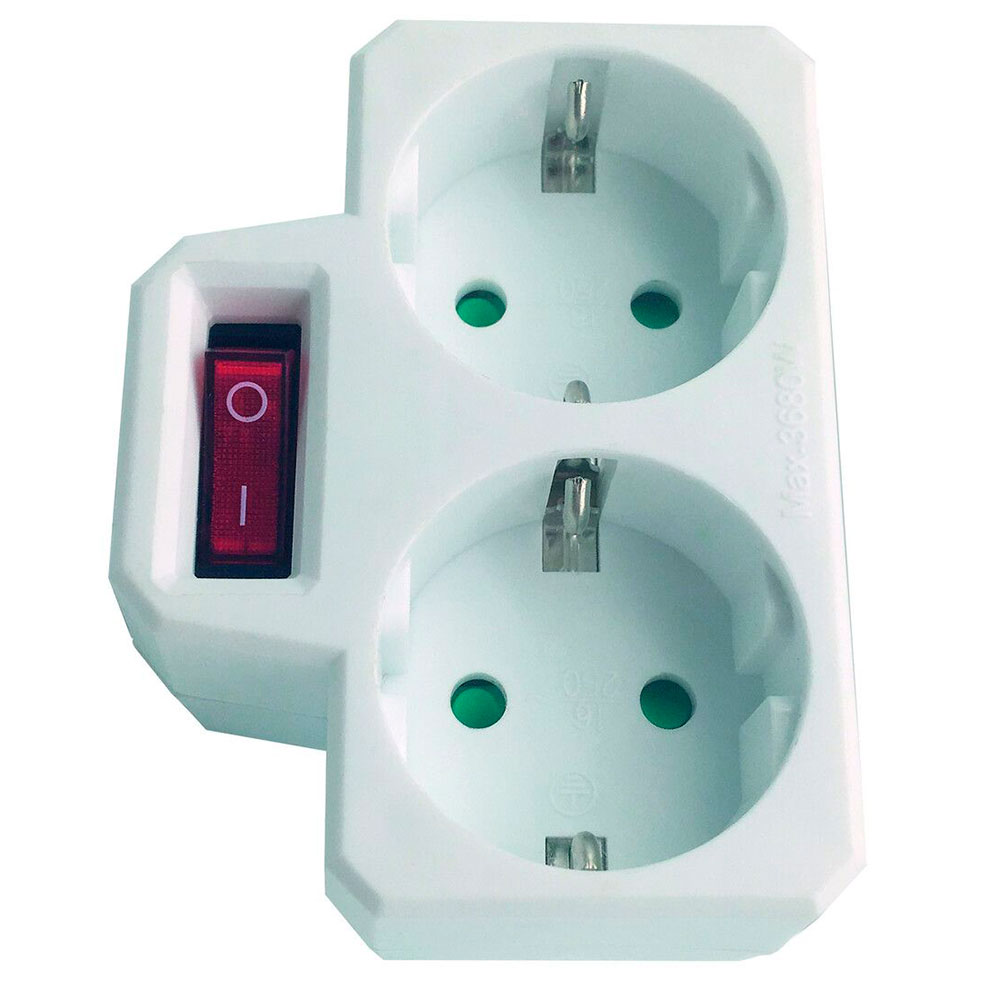 Adaptador Doble Schuko con Interruptor 250v 16A Máx. 3600v