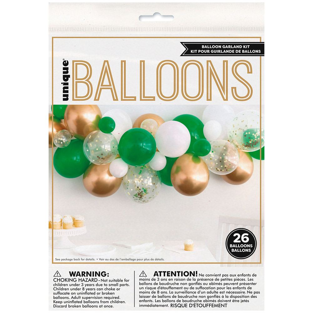 Kit Surtido Arco Globos Látex Confeti Dorado, Verde y Blanco