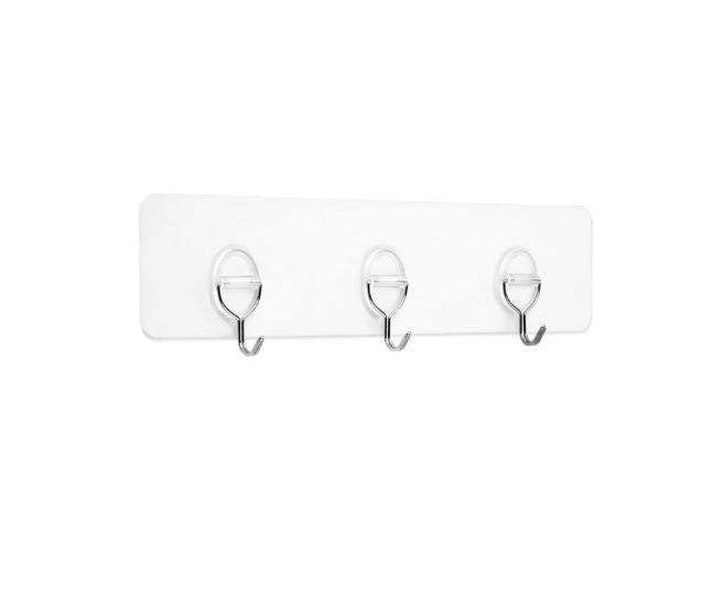 Colgador Adherente Reutilizable Transparente Tres Ganchos Móviles 81x290x22 mm.
