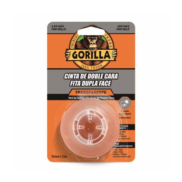Cinta adhesiva de Doble Cara Gorilla Transparente 25mm x 1,5 metros