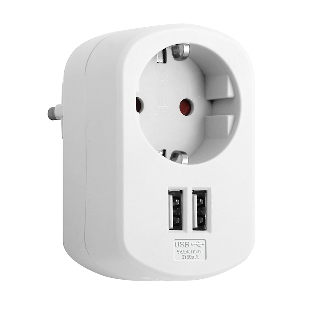 Adaptador Combi 1 Toma 16A Y 2 Puertos Usb 3,15A Blanco
