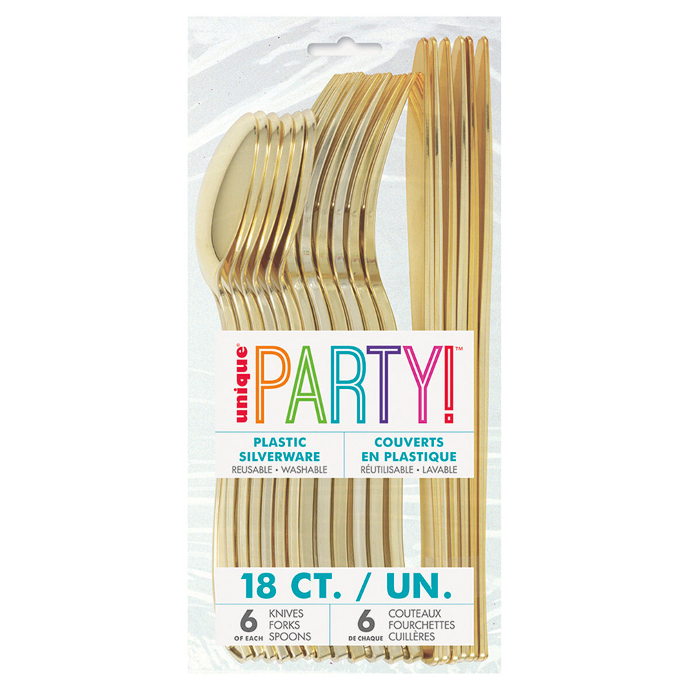 Cubiertos Plástico Metalizados Oro Liso Reutilizables 6 Juegos