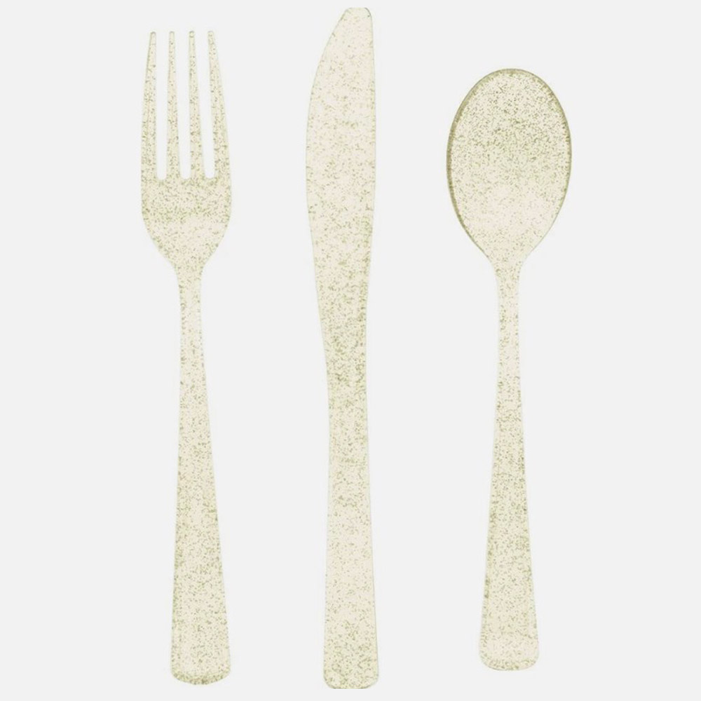 Cubiertos Plástico Purpurina Oro Reutilizables 6 Juegos