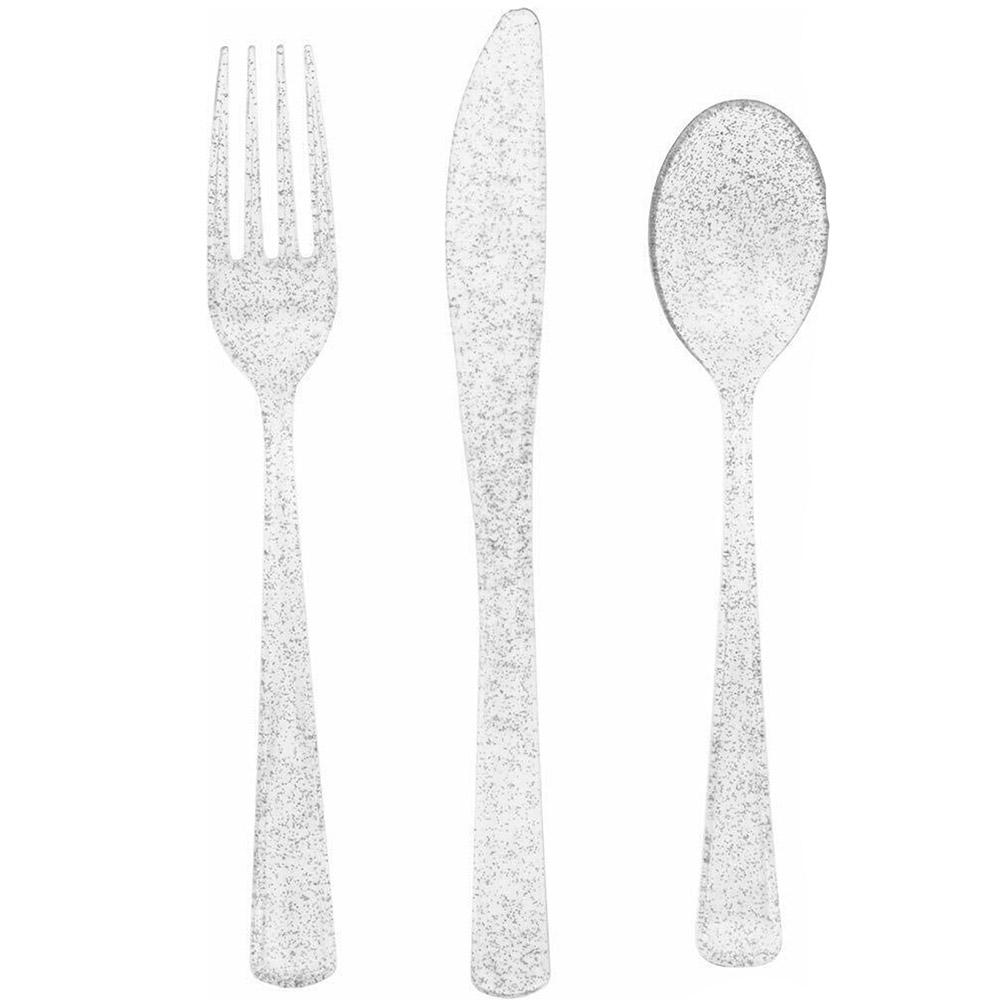 Cubiertos Plástico Purpurina Plata Reutilizables 6 Juegos