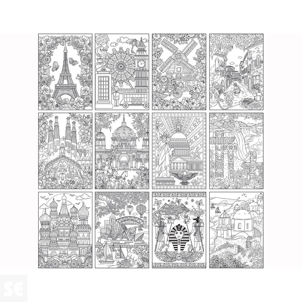 Colorear City-Travel 12 Diseños 24 Hojas 16x23cm.