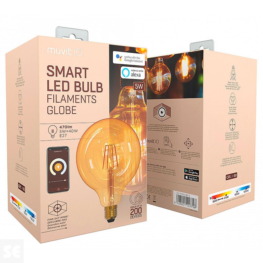 Muvit Io Bombilla Inteligente G, Filam. Globo E27/5 w/470 lm Ámbar
