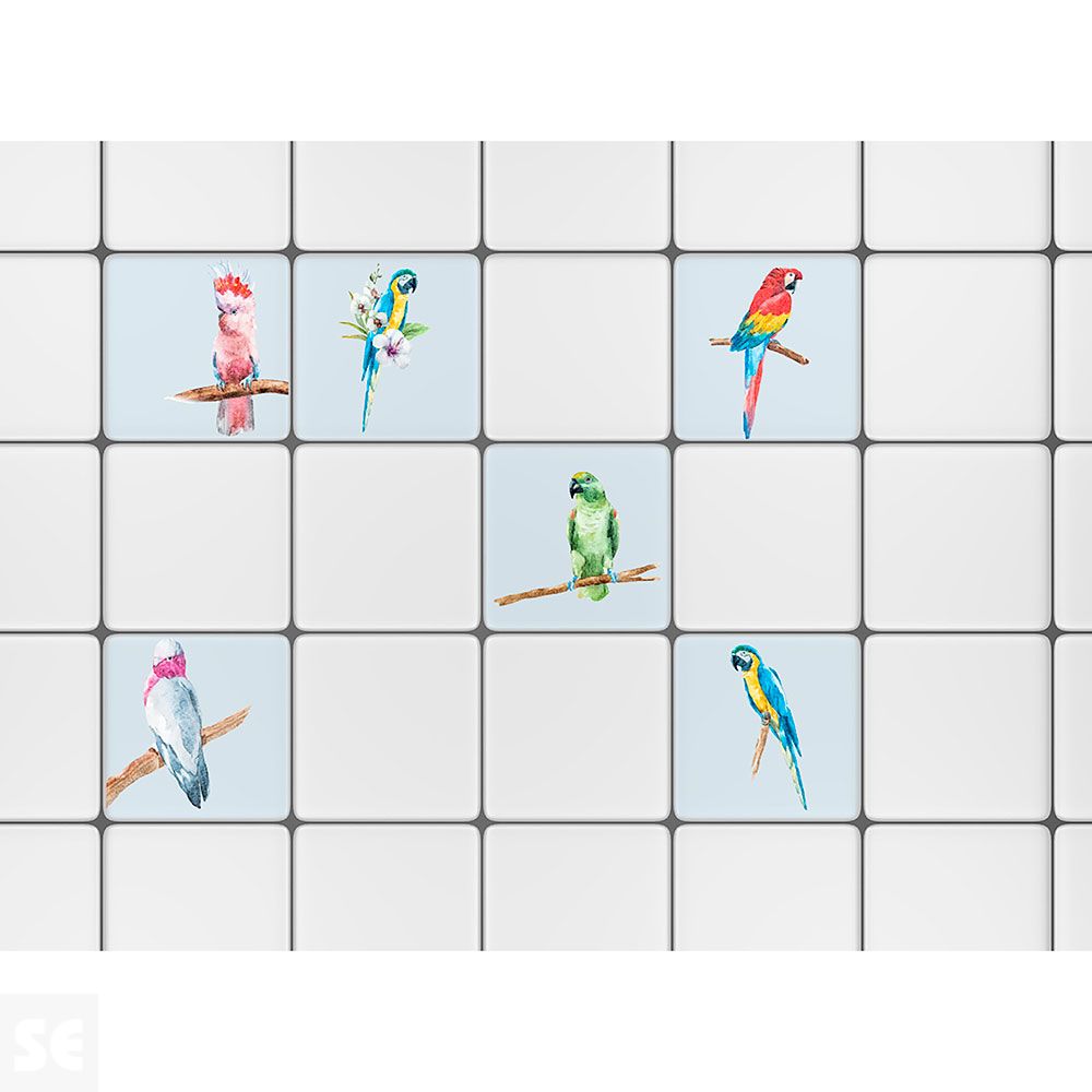 Decoracion Adh. Para Azulejos Loros (6 Láminas 15x15 Cm)