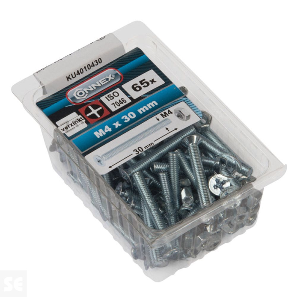 Tornillo Cabeza avellanada + Tuercas Cabeza Plana Fresada Cincada PH M4X30 mm (65u.)