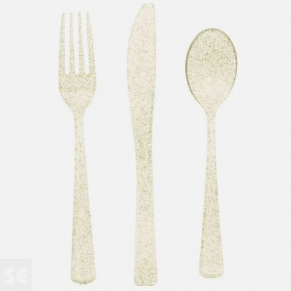 Cubiertos Plástico Purpurina Oro Reutilizables 6 Juegos