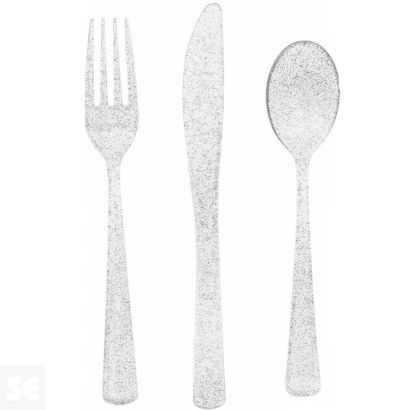 Cubiertos Plástico Purpurina Plata Reutilizables 6 Juegos