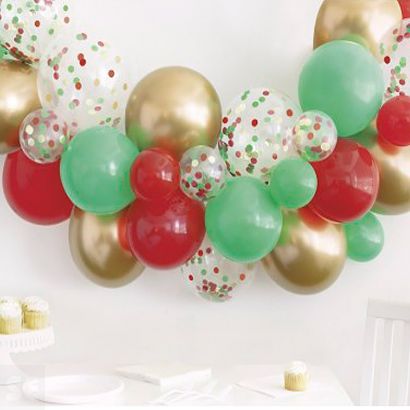 Kit Globos de Látex y Confeti Navideño Rojo, Verde y Dorado