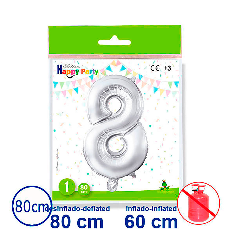 Globo de Poliamida Forma Nº 8 Plata 80 cm