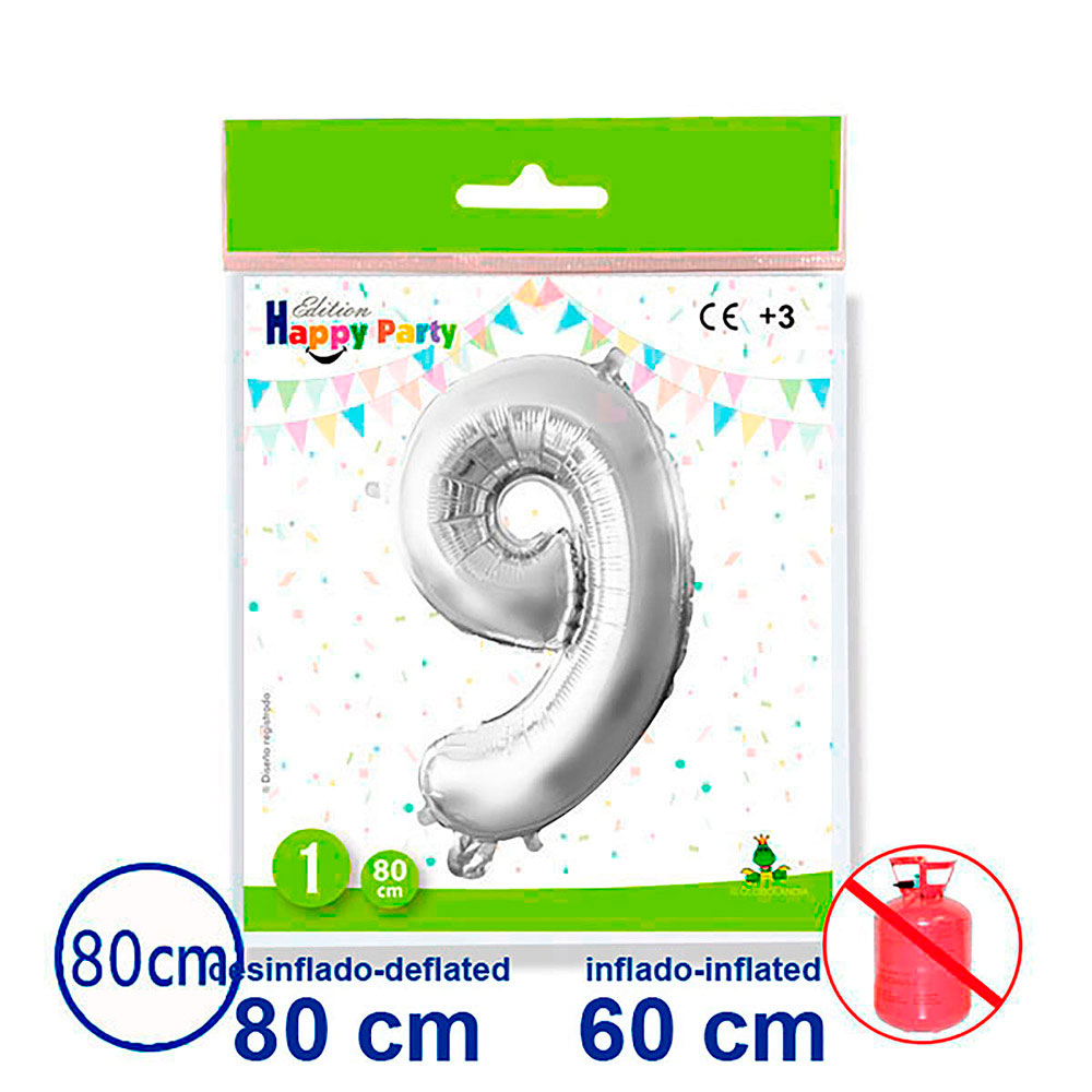 Globo de Poliamida Forma Nº 9 Plata 80 cm