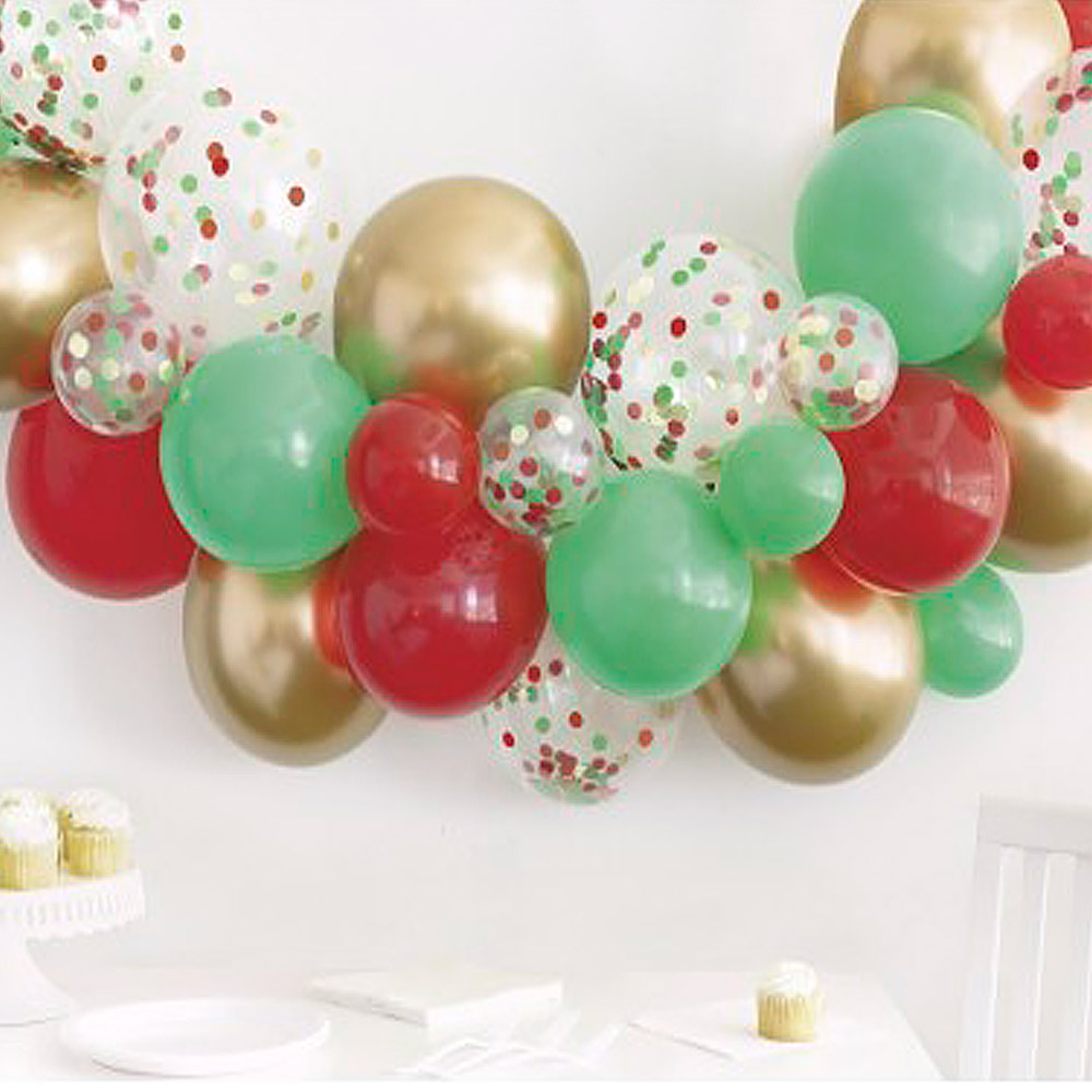 Kit Globos de Látex y Confeti Navideño Rojo, Verde y Dorado